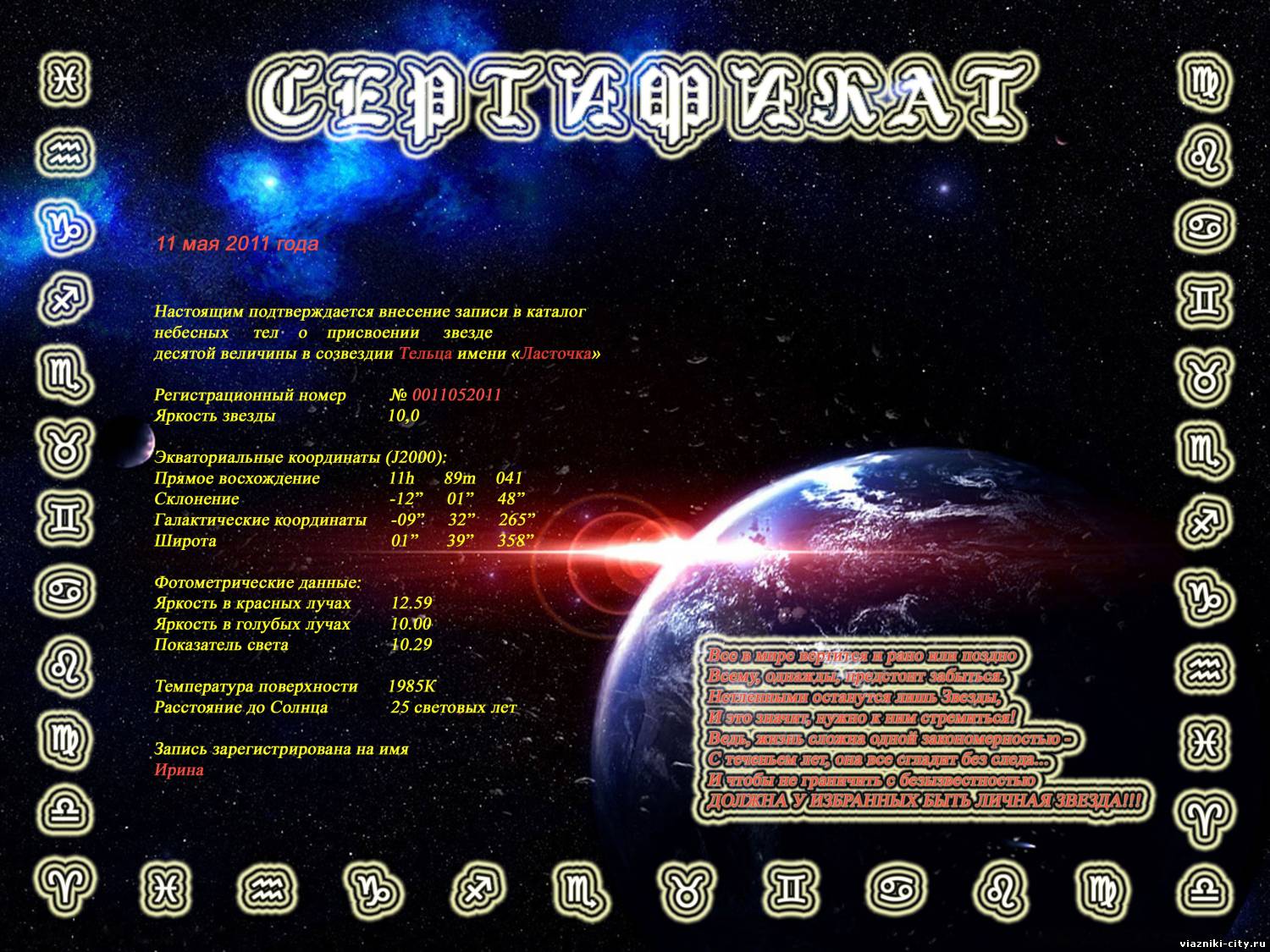 Сертификат подарка звезды Сертификат подарка звезды